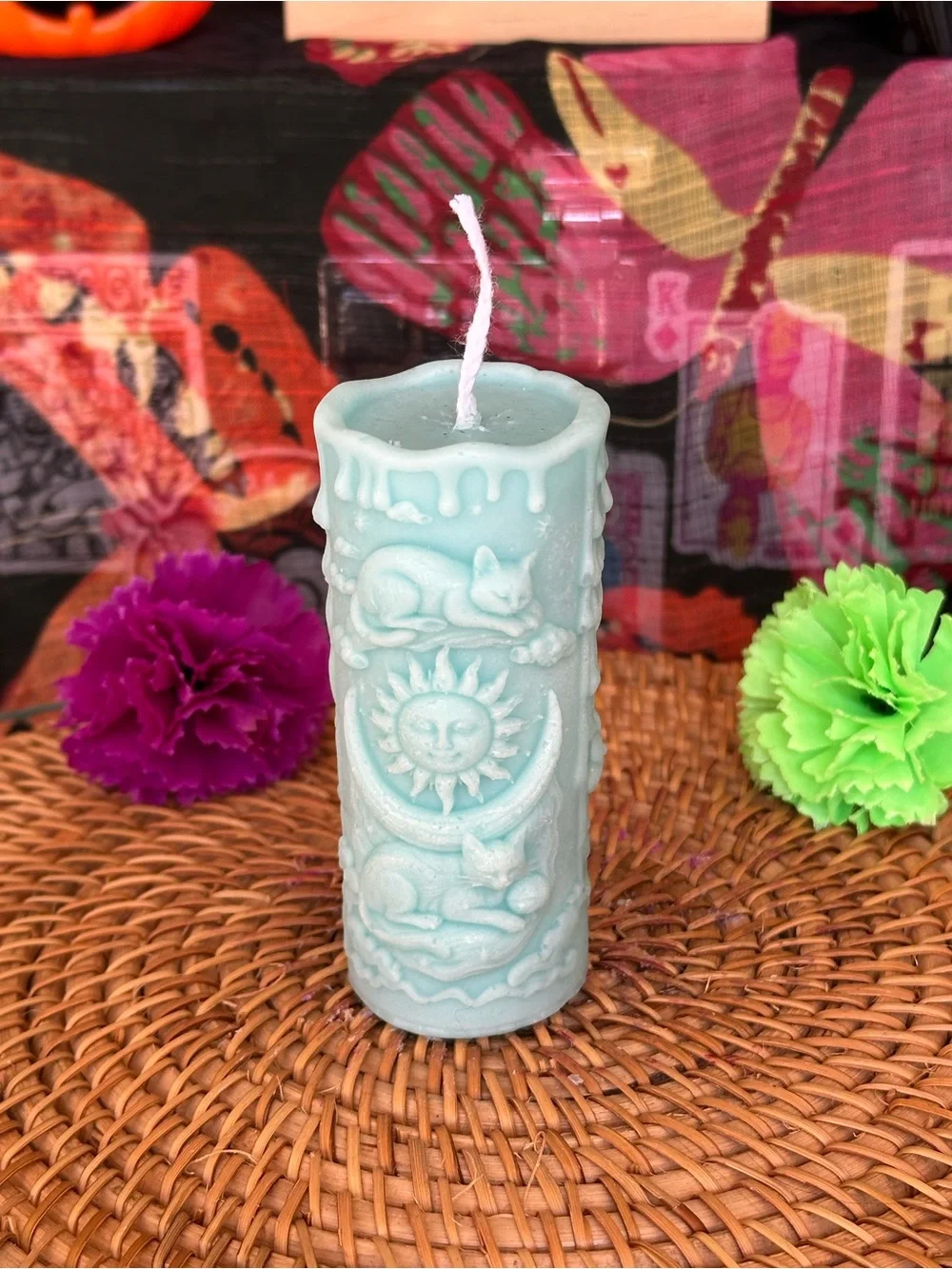 Celestial Cat Moon Pillar Candle – Icy Blue